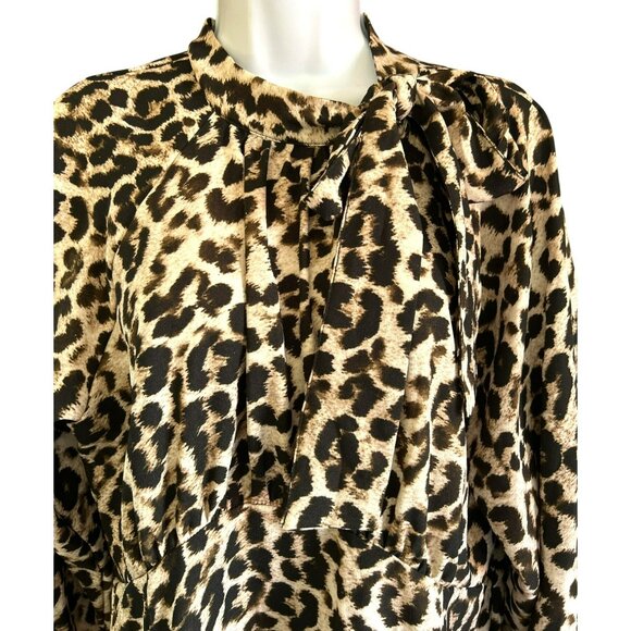 Calvin Klein Leopard Print Midi Dress Neck TIe Empire Waist Dress Mock Neck - Picture 4 of 6